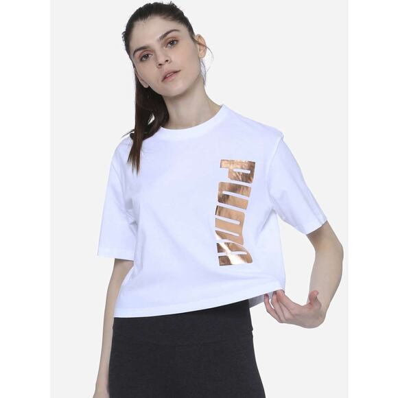 Women’s Puma Power Logo Gold and White Graphic Tee Size Large - Picture 1 of 6